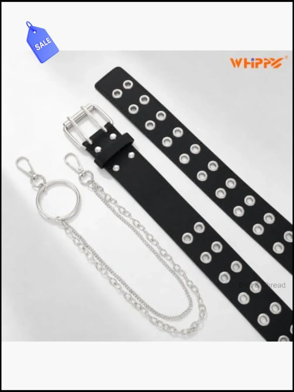 Double Prong Buckle Grommet Belt with Chain Punk Studded PU Leather 1.5